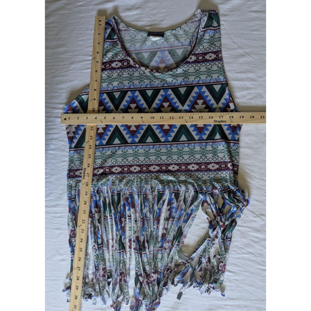 Vtg Southwestern Print Fringe Hem Tank Top Multicolor Racerback Boho Festival - Picture 5 of 5